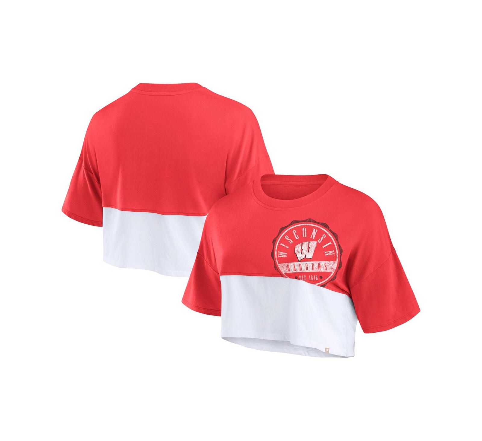 Женская укороченная футболка Fanatics Red/White Wisconsin Badgers Oversized Badge Color Block