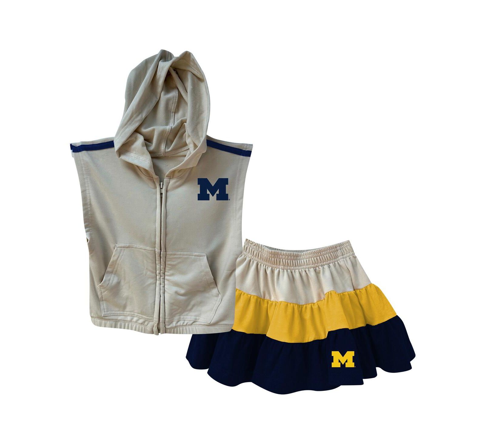 Wes & Willy Детский 2-Piece Tan Michigan Wolverines Tri-Blend Sleeveless Full Zip Hoodie и Tiered Skirt Set