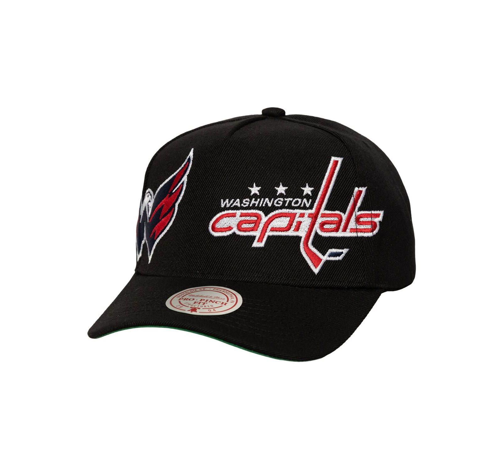 Мужская кепка Mitchell & Ness Black Washington Capitals Busted Logo Wordmark Wrap-Around Pro Pinch Adjustable Hat