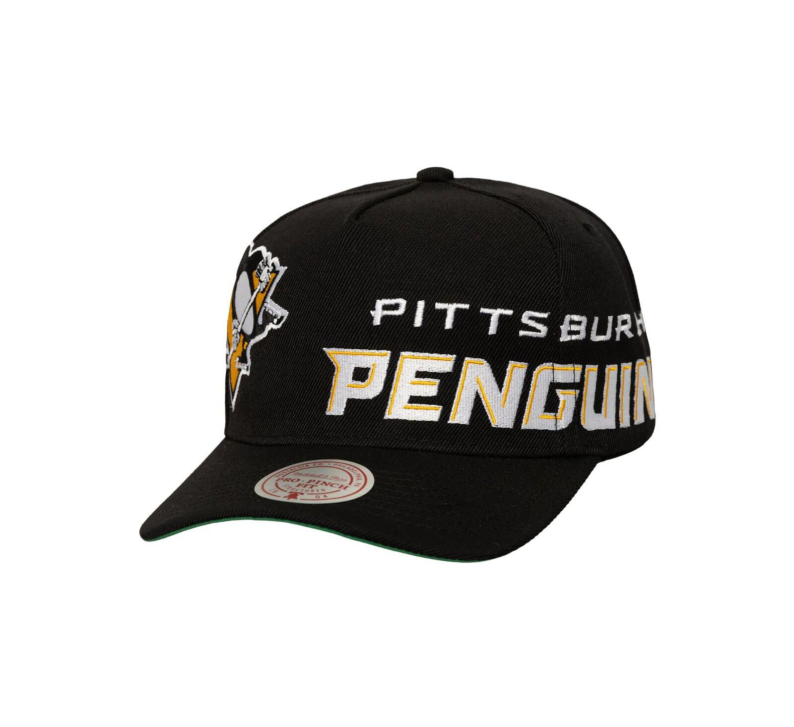 Мужская черная кепка Mitchell & Ness Pittsburgh Penguins Busted Logo Wordmark Wrap-Around Pro Pinch Adjustable Hat