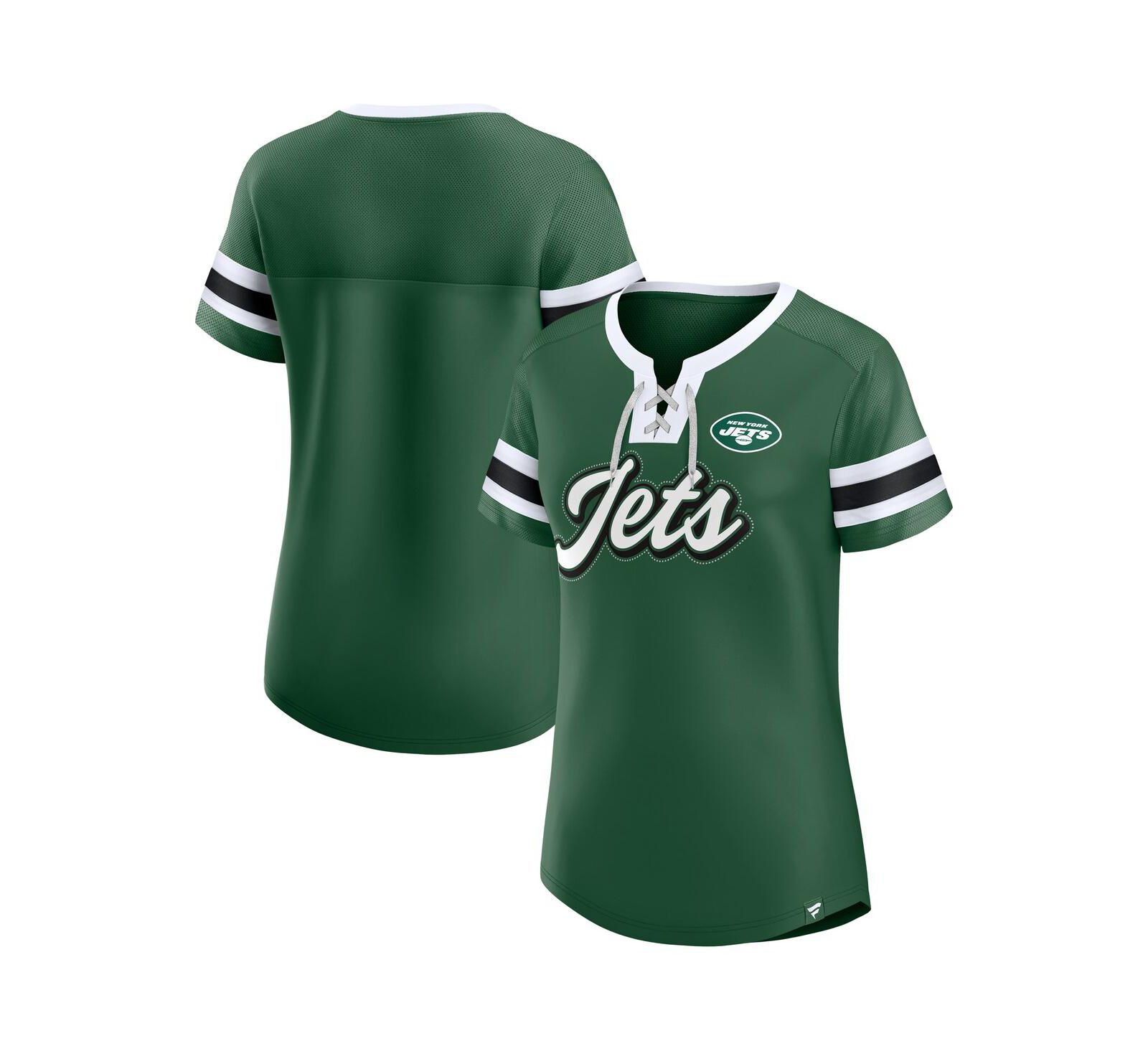 Fanatics Women's Green New York Jets True Catch Iconic Rhinestone Bling Athena Lace-Up T-Shirt