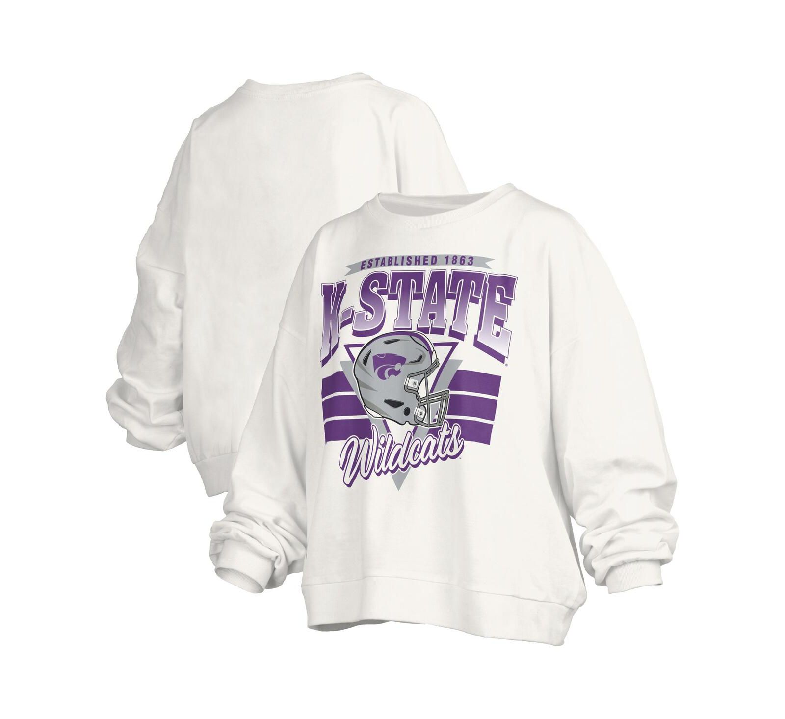 Pressbox Women's White Kansas State Wildcats Oversized Janice Retro Waist-Length Pullover Sweatshirt