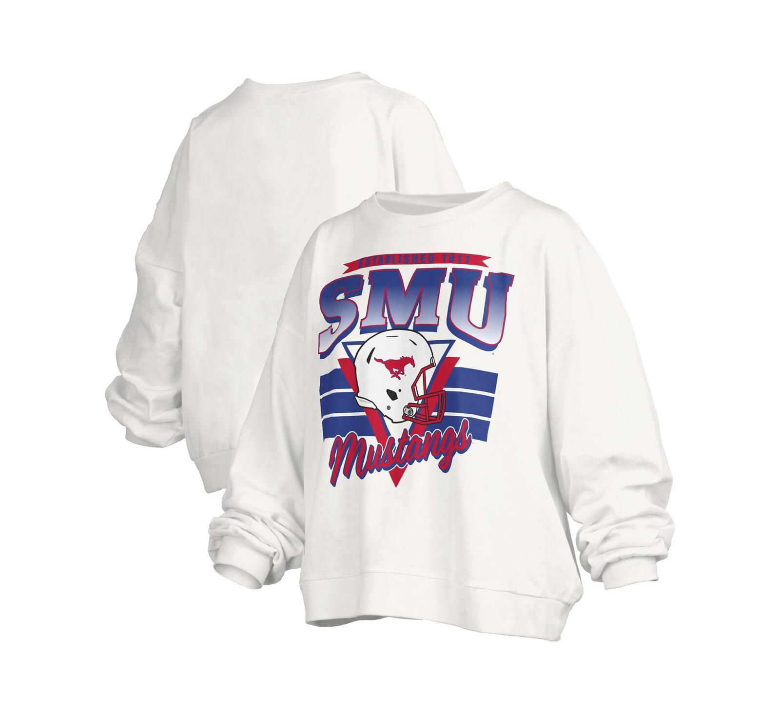 Pressbox Women's White SMU Mustangs Oversized Janice Retro Waist-Length Pullover Sweatshirt