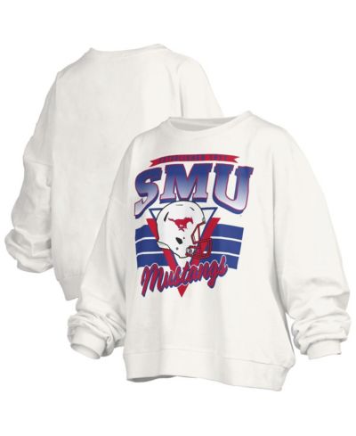 Pressbox Women's White SMU Mustangs Oversized Janice Retro Waist-Length Pullover Sweatshirt