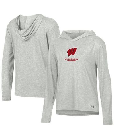 Under Armour Women's Heather Gray Wisconsin Badgers Tri-Blend Breezy Long Sleeve Hoodie T-Shirt