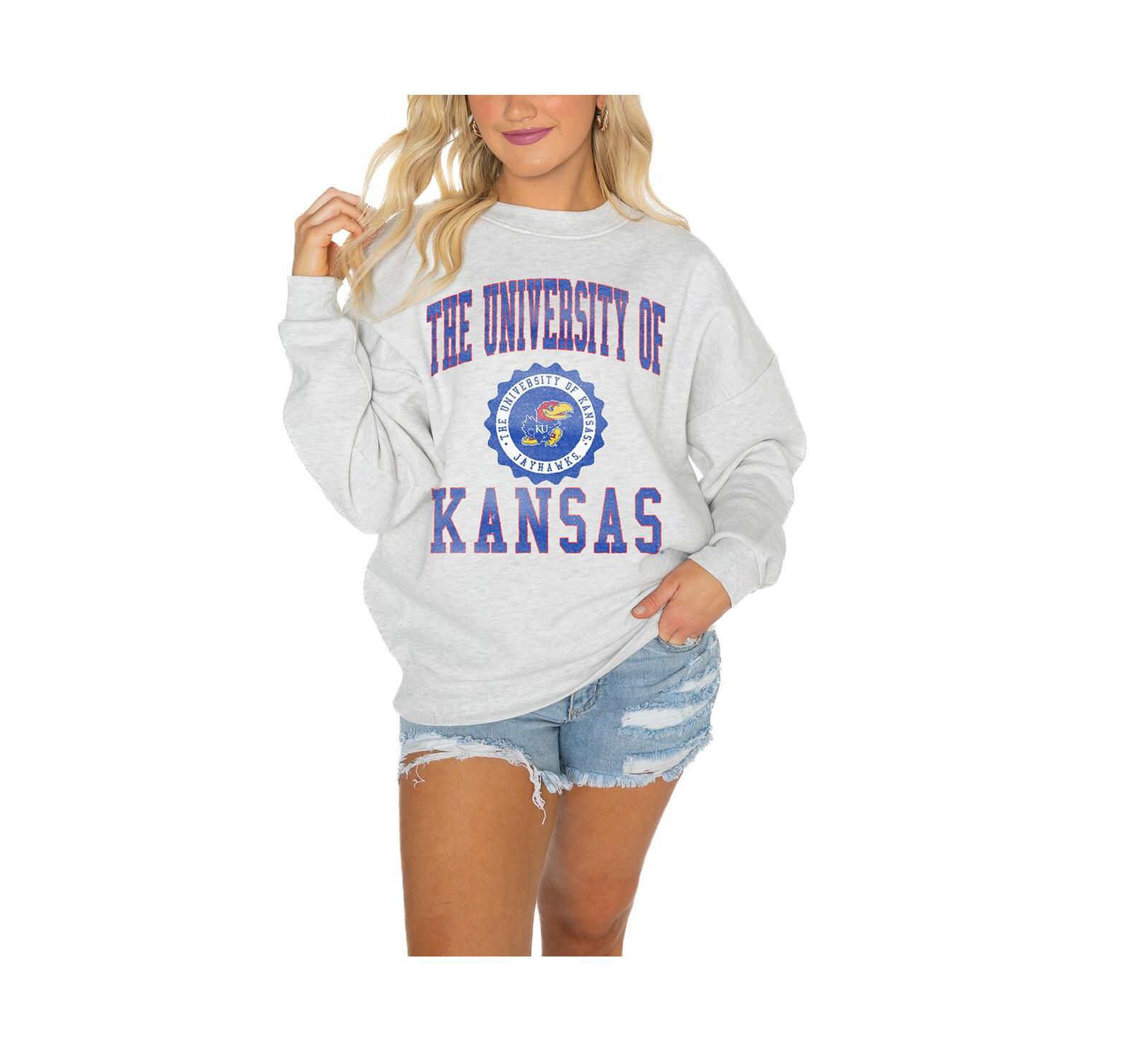 Gameday Couture Women's Kansas Jayhawks Gray Oversized Drop Shoulder Fleece Drop Pullover Sweatshirt