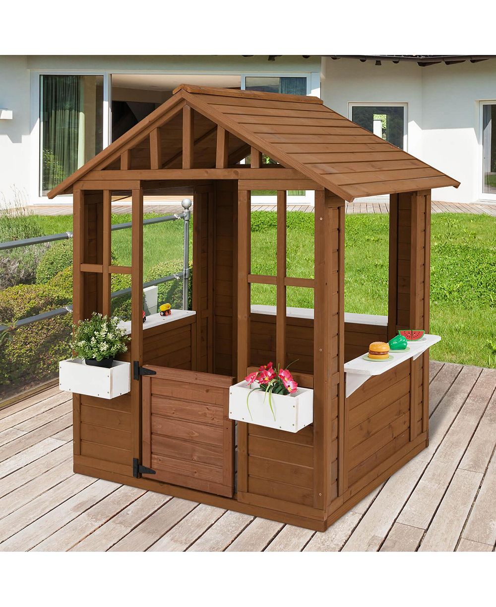 Уличный деревянный игровой домик Wood Adventures Cottage с зонами обслуживания и дверью от Costway