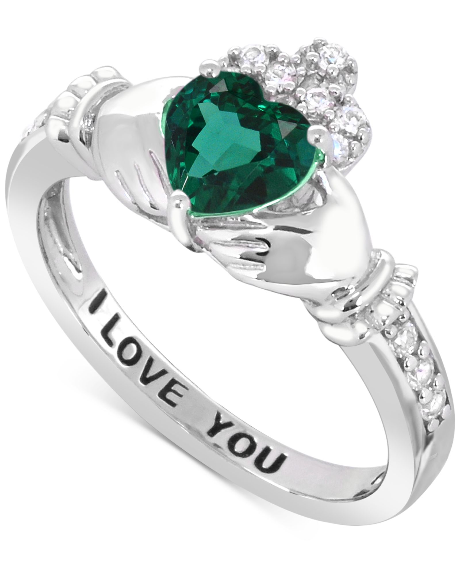 Lab-created Emerald 3/4 ct. t.w. and Lab-created White Sapphire 1/3 ct. t.w. "I LOVE YOU" Inscription Heart Promise Ring in Sterling Silver