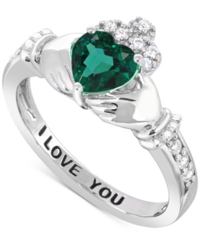 Lab-created Emerald 3/4 ct. t.w. and Lab-created White Sapphire 1/3 ct. t.w. "I LOVE YOU" Inscription Heart Promise Ring in Sterling Silver