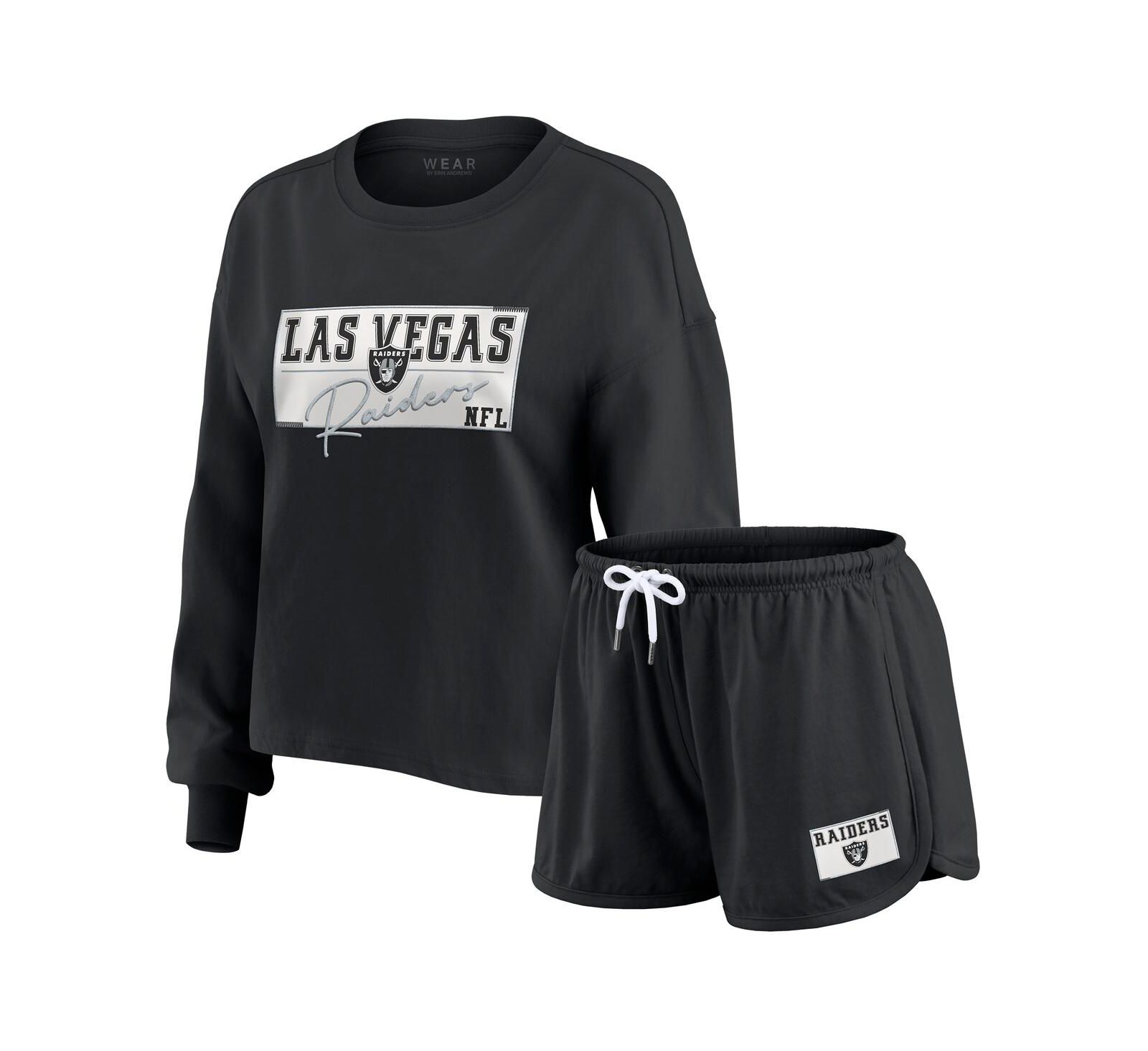 WEAR by Erin Andrews Women's 2-Piece Black Las Vegas Raiders Heavy Rugby Jersey Long Sleeve T-Shirt and Shorts Lounge Set