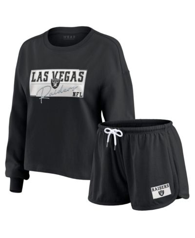WEAR by Erin Andrews Women's 2-Piece Black Las Vegas Raiders Heavy Rugby Jersey Long Sleeve T-Shirt and Shorts Lounge Set