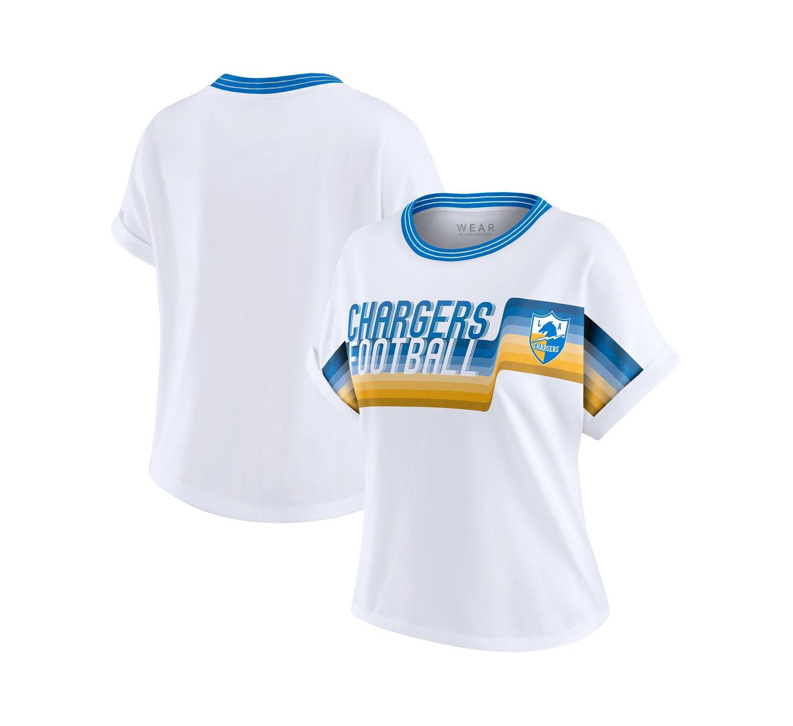 WEAR by Erin Andrews Women's White Los Angeles Chargers Cropped Center Stripe Dolman T-Shirt