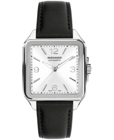 Мужские часы Movado 1917 Swiss Automatic с черным кожаным ремешком, 35x45.2mm
