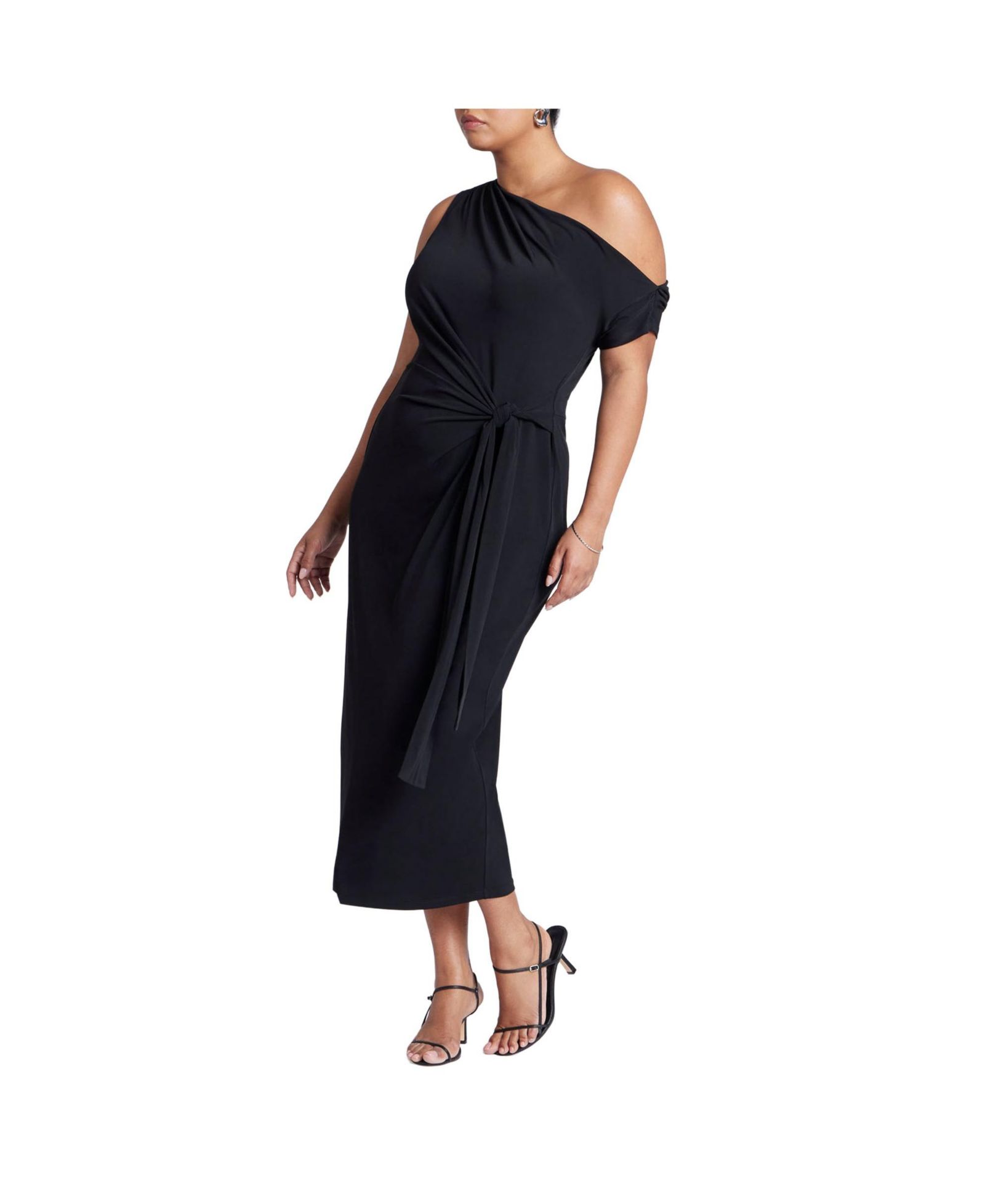 ELOQUII Women's Off The Shoulder Tie Front Midi Dress