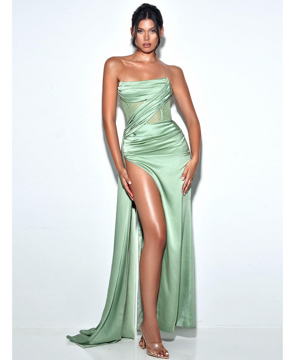 Miss Circle Women Holly Basil Crystallized Corset High Slit Satin Gown