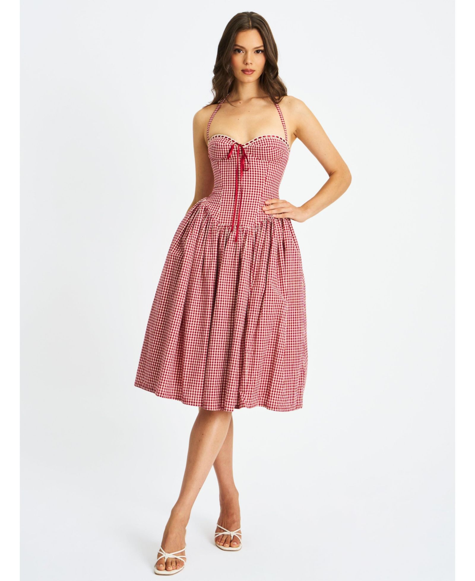 Женское платье Miss Circle Susanna Red Gingham Halter Drop Waist Midi