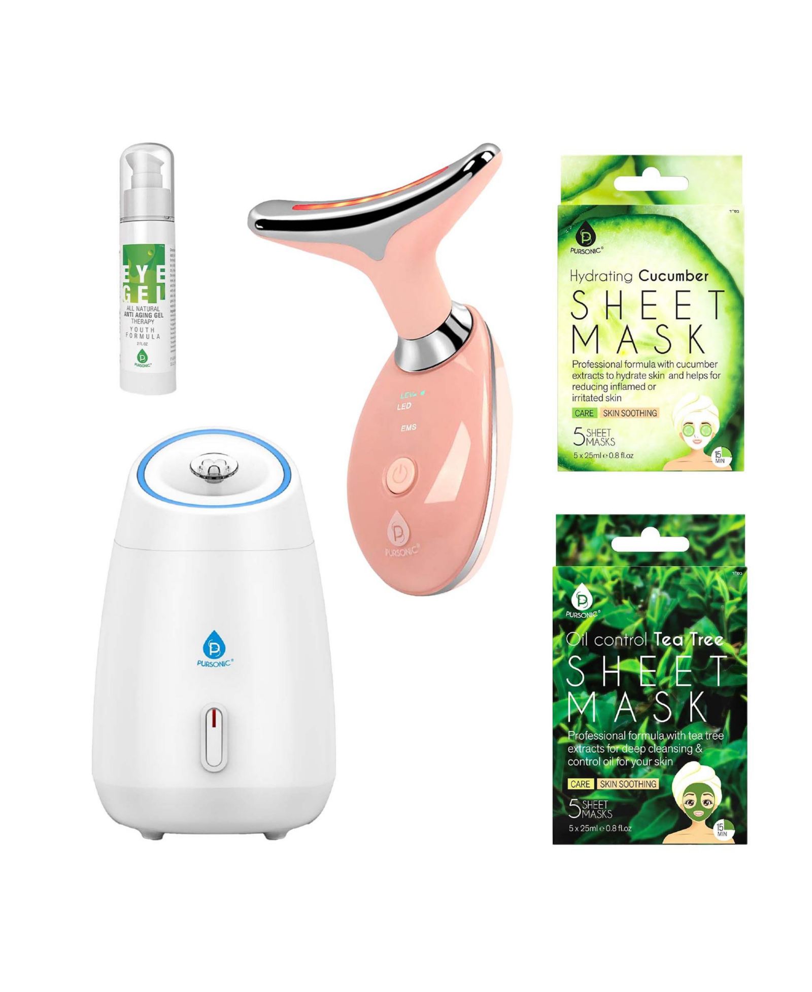 Pursonic Ultimate Glow & Rejuvenation Bundle: 7-in-1 LED Therapy, Facial Steamer, Anti-Aging Eye Gel, and Sheet Masks