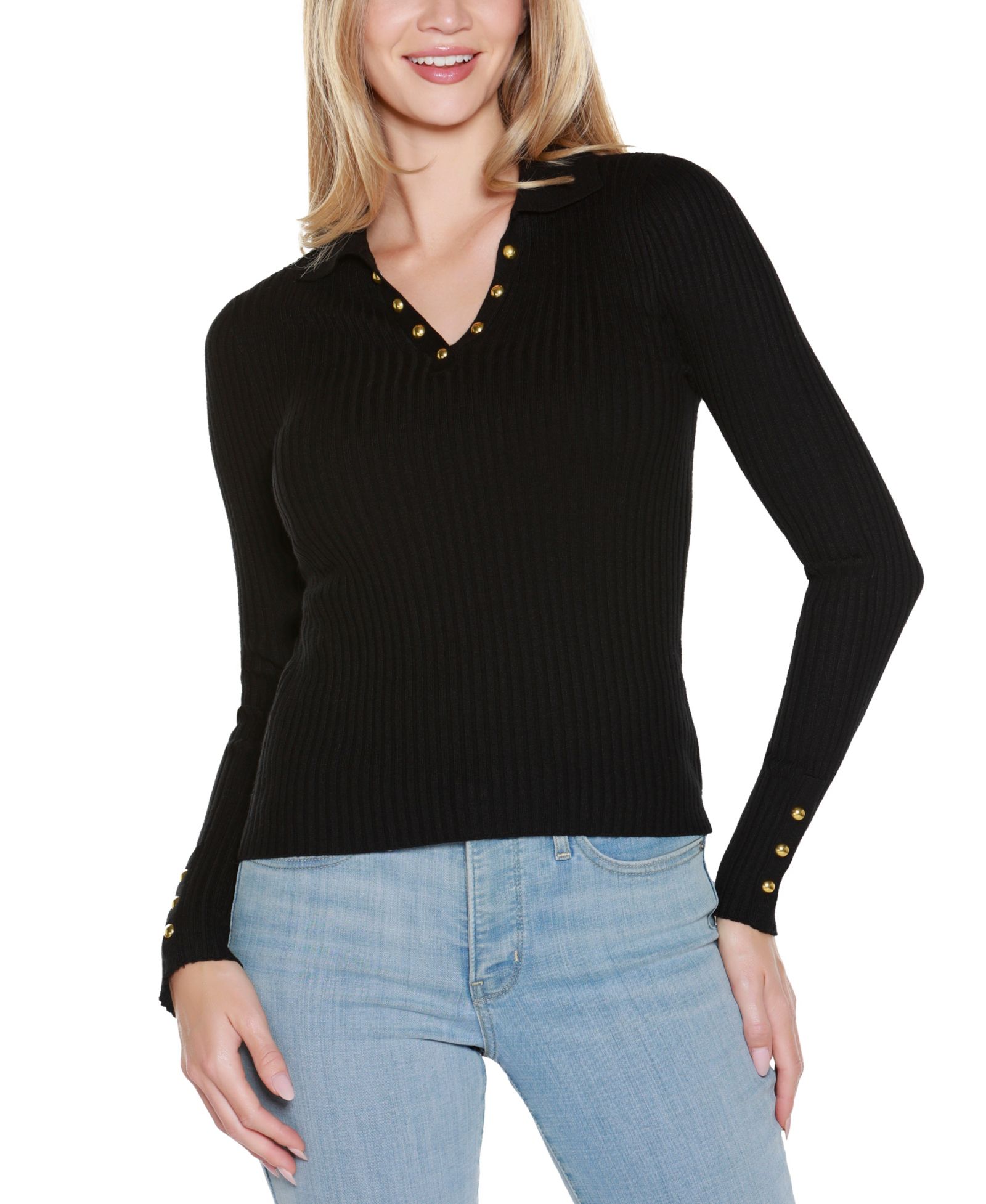 Belldini Women's Long Sleeve Johnny Collar Sweater