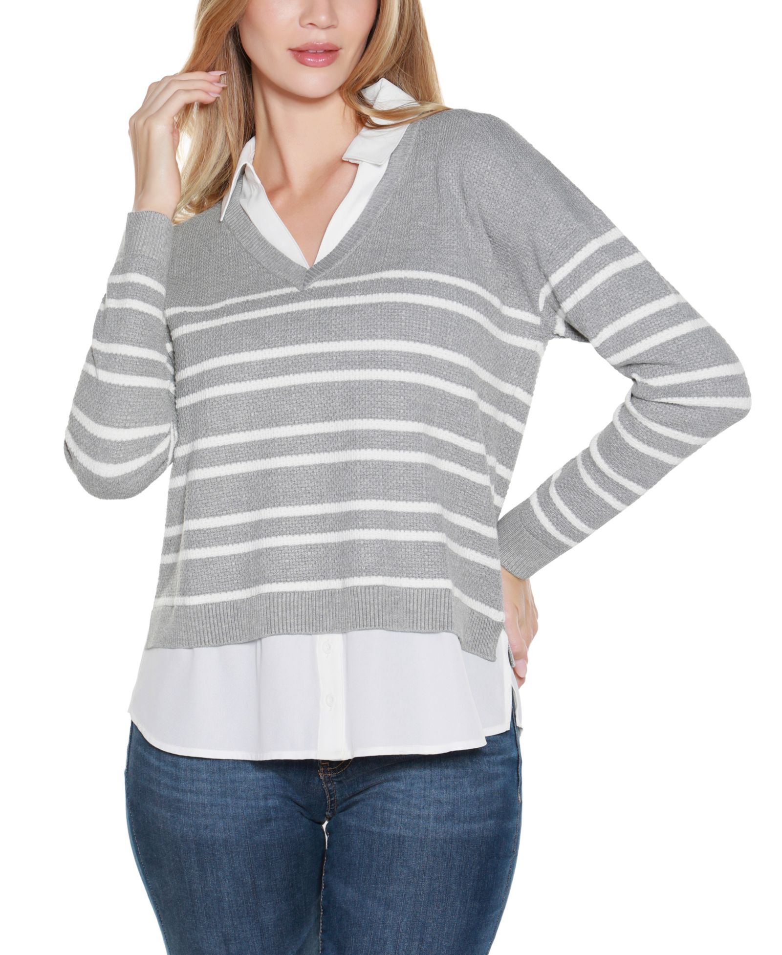 Belldini Women's Striped V-Neck Two-Fer Sweater