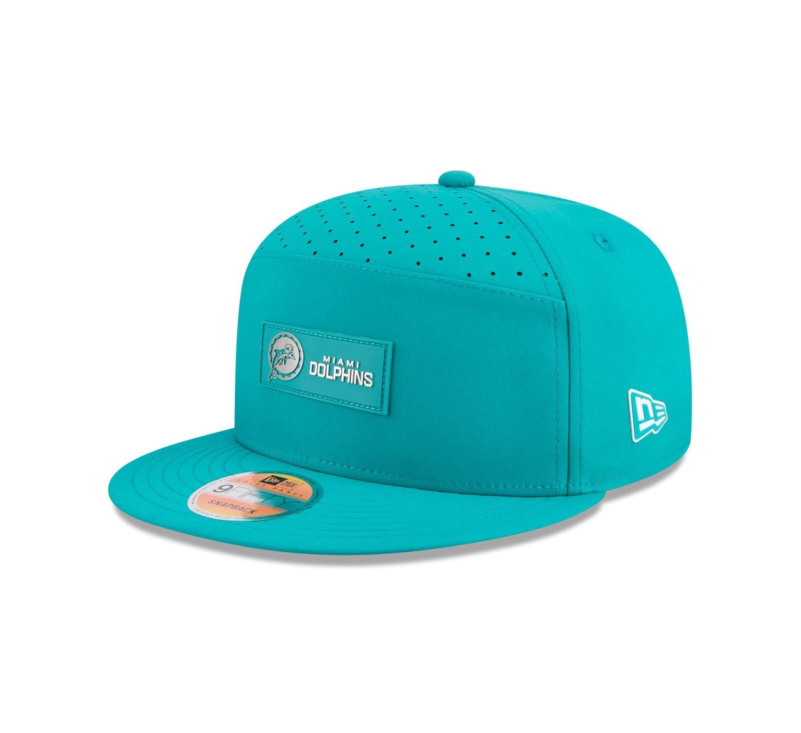 Мужская кепка New Era Aqua Miami Dolphins 2025 Sideline Throwback Split Panel 9FIFTY Snapback