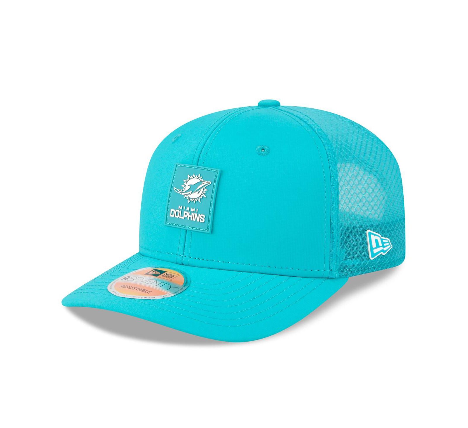 Мужская кепка New Era Miami Dolphins 2025 Sideline 9SEVENTY Trucker, голубая