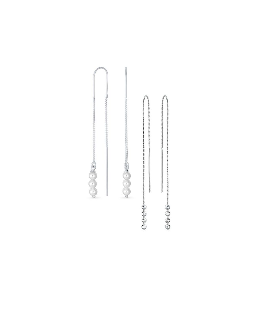 Bling Jewelry минималистичные длинные серьги с крючком, 3 жемчужины и 4 бусины, стерлинговое серебро