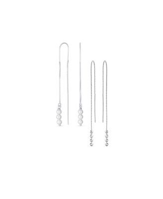 Bling Jewelry Multi Pearl and Bead Ball Threader Earrings Long Chain Sterling Silver 2-Set