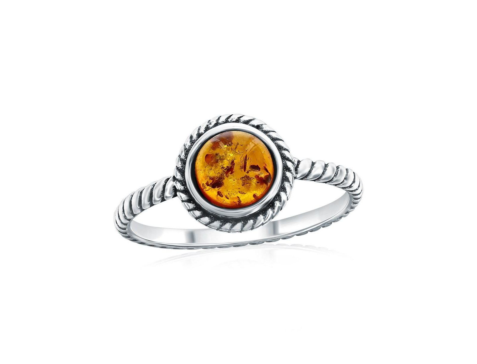 Caribbean Treasures Sterling Silver, Round Amber, Designed Outline Ring