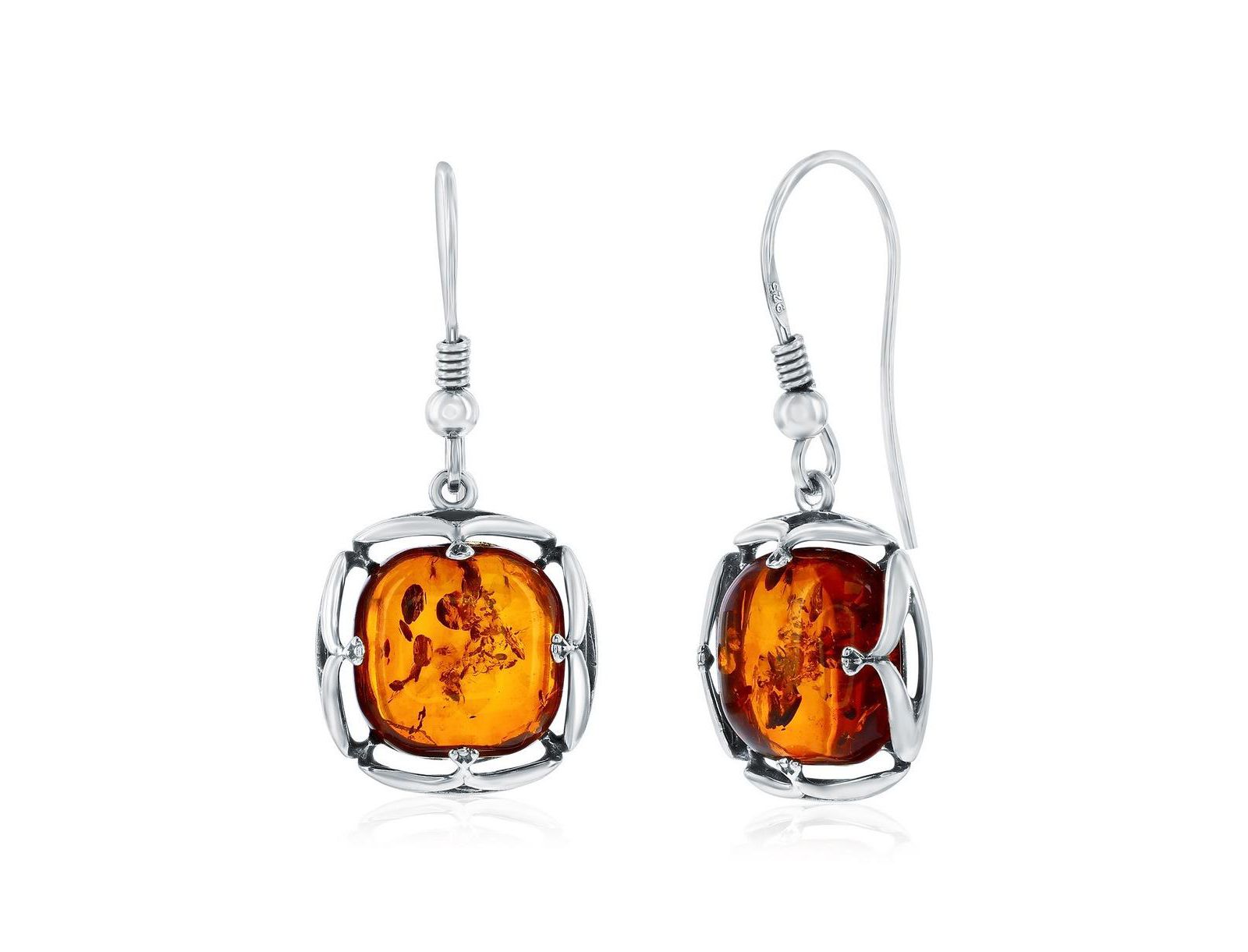 Sterling , Square Designed Amber Dangle Earrings