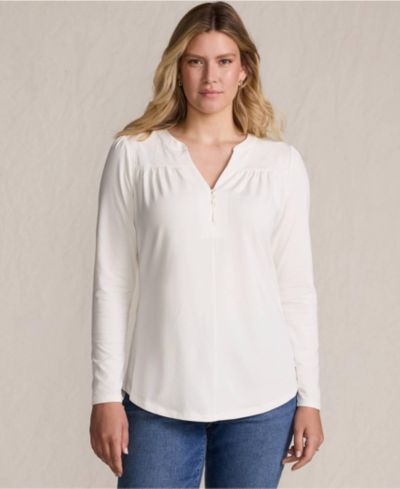 Lands' End Women's Long Sleeve Lightweight Jersey Notch Neck Tunic Top