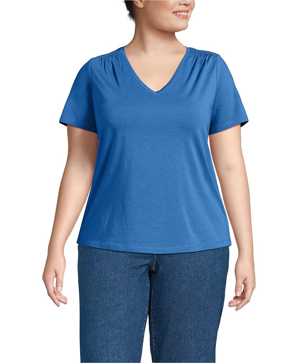 Lands' End Plus Size Short Sleeve Lightweight Jersey Gathered Shoulder T-Shirt