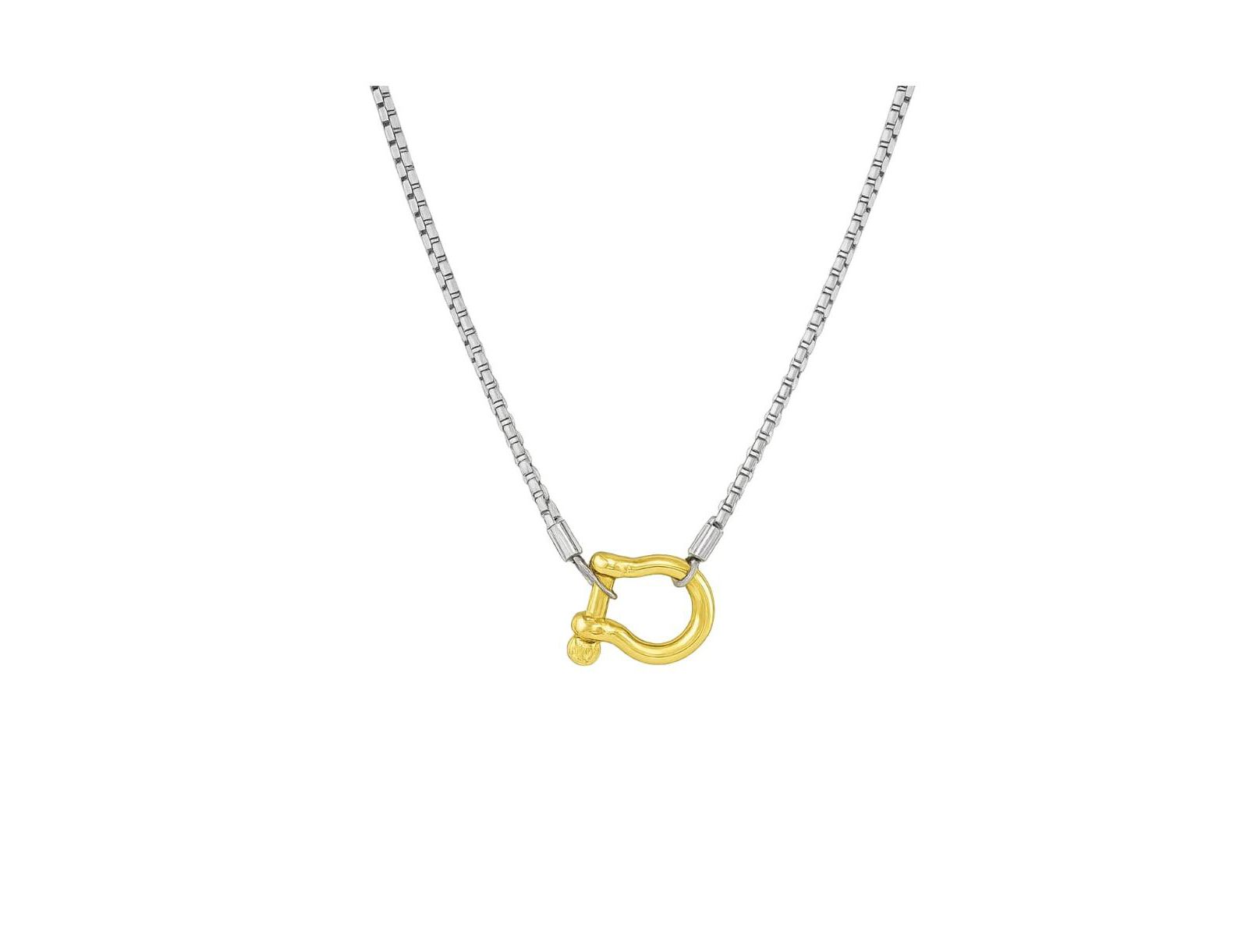 Lucky Lock Carabiner Necklace - Two-Tone Mixed Metal Horseshoe Pendant Chain