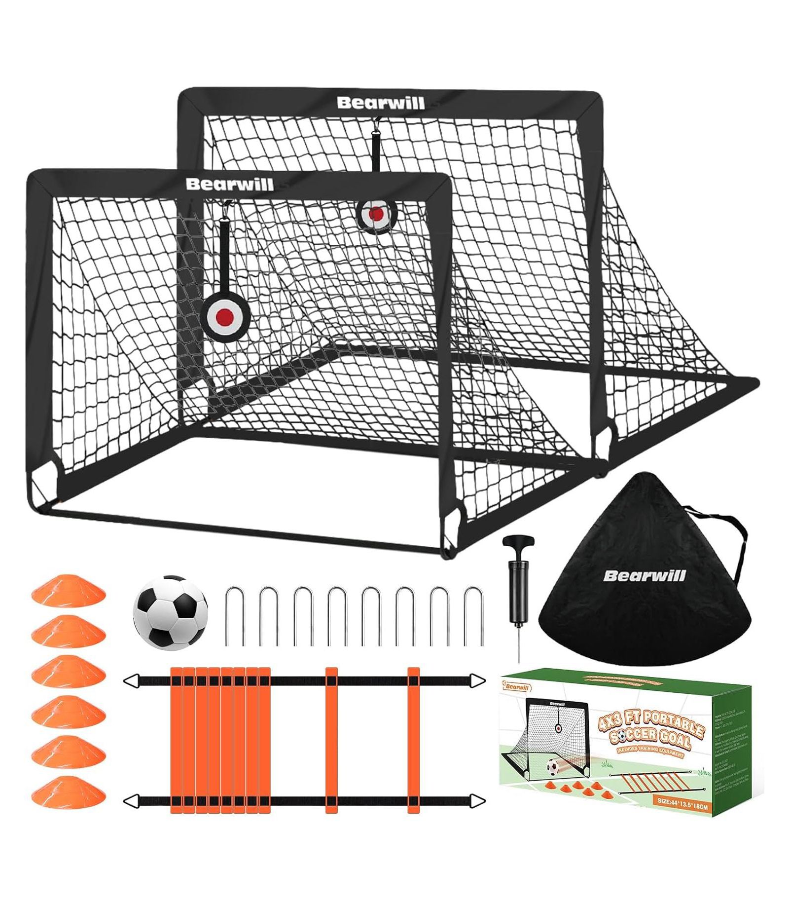 Bearwill Kids Soccer Goal Set of 2, 4x3FT Pop Up Backyard Goals with Training Kit - Includes Portable Nets, Ball, Cones, Ladder & Targets
