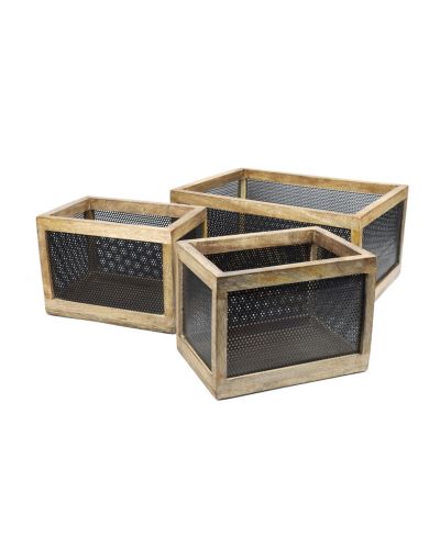 Happimess Fallon Modern Minimalist Handmade Wooden Metal Nesting Storage Baskets, Set of 3