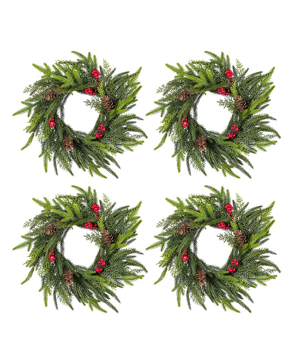 Glitzhome Christmas Mini Dripping Wreaths with Pinecones and Red Berries, Set of 4