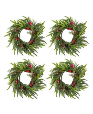 Glitzhome Christmas Mini Dripping Wreaths with Pinecones and Red Berries, Set of 4