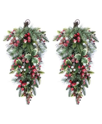 Glitzhome Christmas Pomegranate Berry and Holy Leaf Teardrops, Set of 2