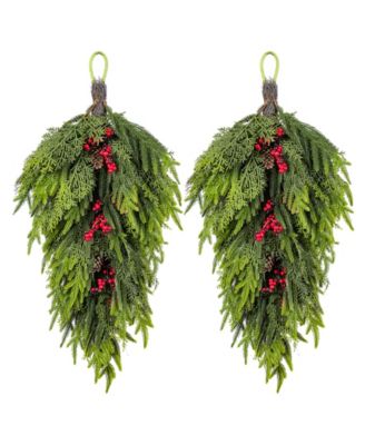 Glitzhome Christmas Greenery Dripping Teardrops with Pinecones and Red Berries, Set of 2