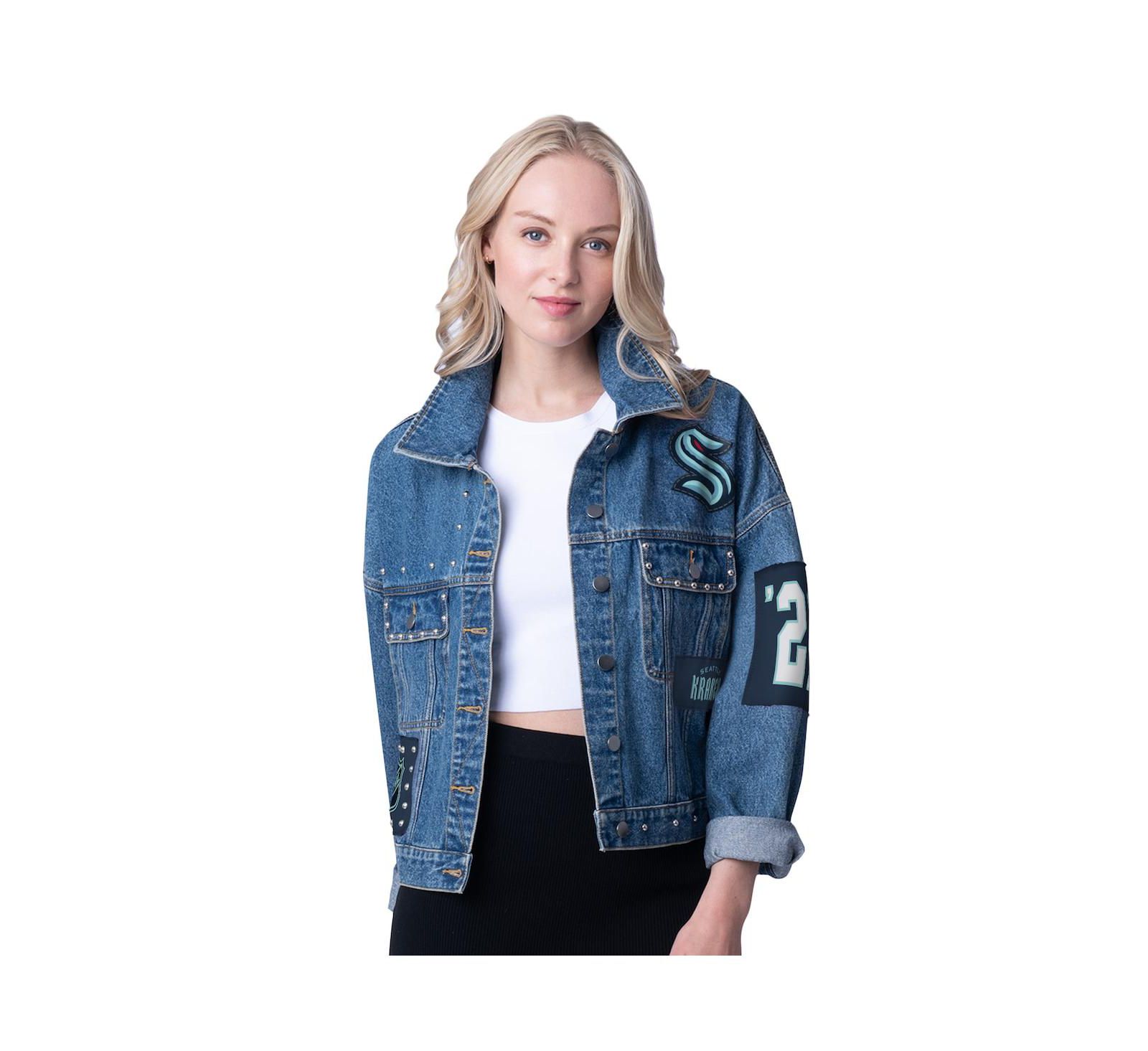 Женская джинсовая куртка G-III 4Her by Carl Banks Seattle Kraken Game Ball Cropped Button-Up Denim