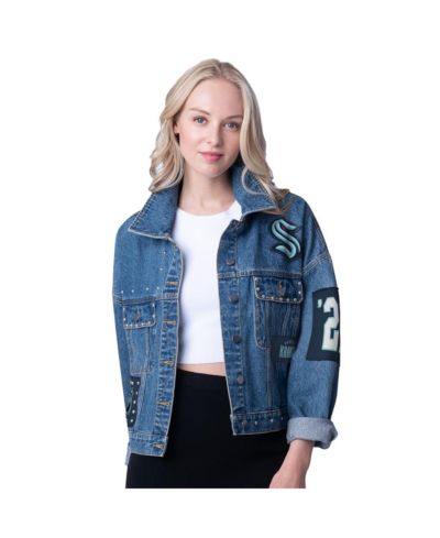 G-III 4Her by Carl Banks Women's Seattle Kraken Game Ball Cropped Button-Up Denim Jacket