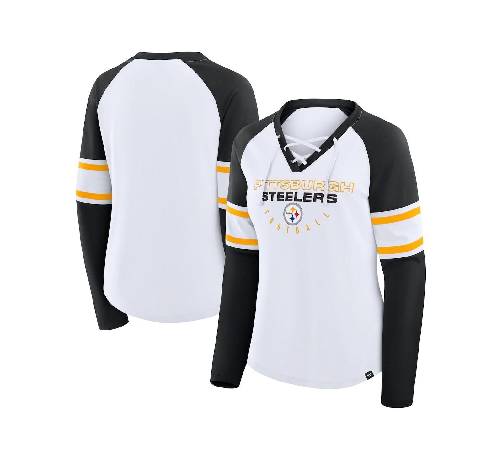 Fanatics Women's White/Black Pittsburgh Steelers Redzone Blitz Package Raglan Lace-Up V-Neck Long Sleeve T-Shirt
