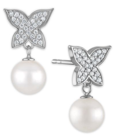 Macy's Cultured Freshwater Pearl (7.5-8mm) and Cubic Zirconia Butterfly Earrings in Sterling Silver