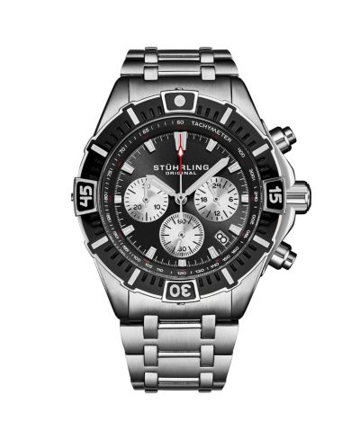 Мужские часы Stuhrling 1022 Chronograph Quartz Black Dial Silver Subdials Black Bezel Stainless Steel Case and Bracelet 50M Water Resistant