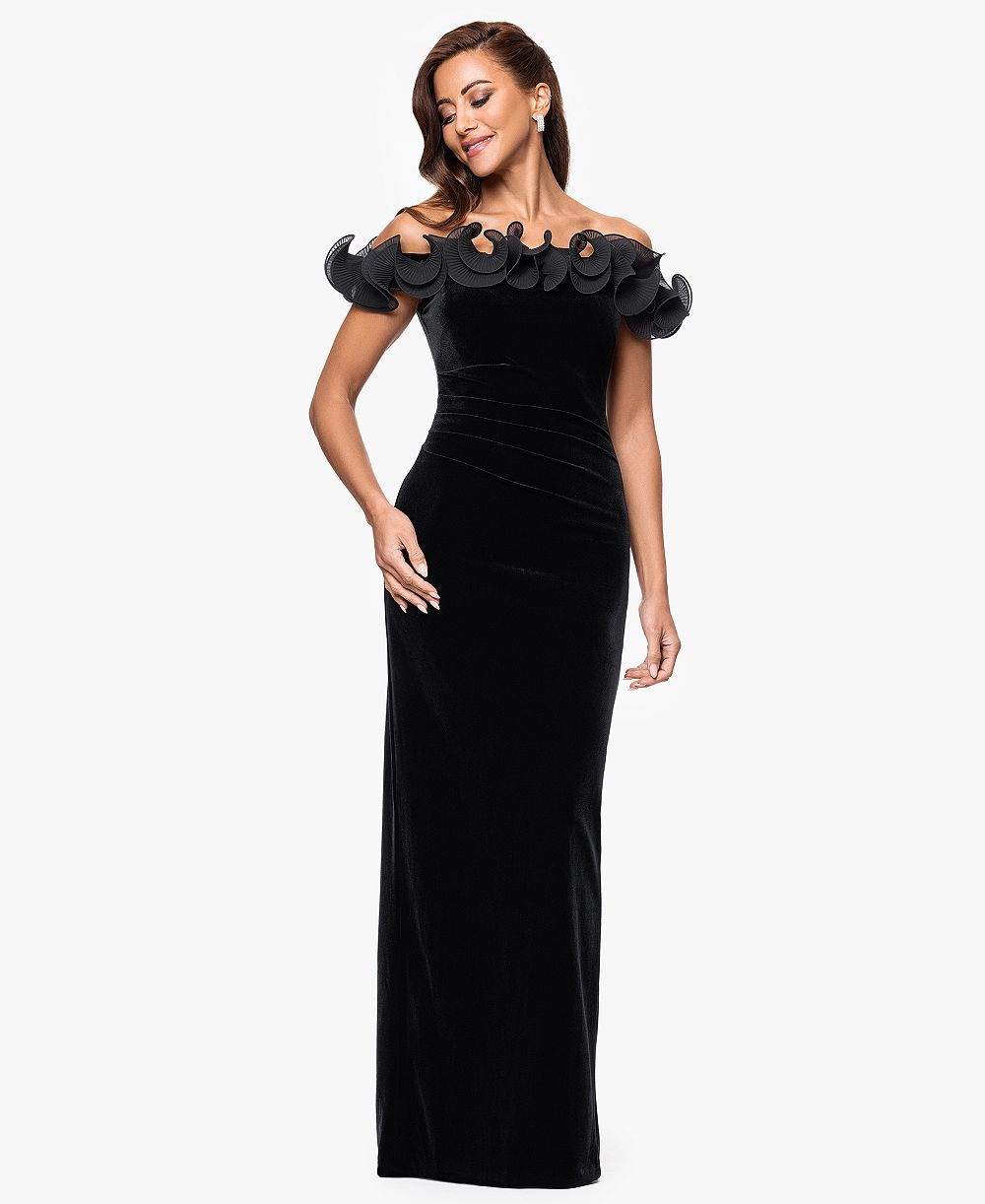 XSCAPE Women's Velvet Off The Shoulder Ruffle Dress