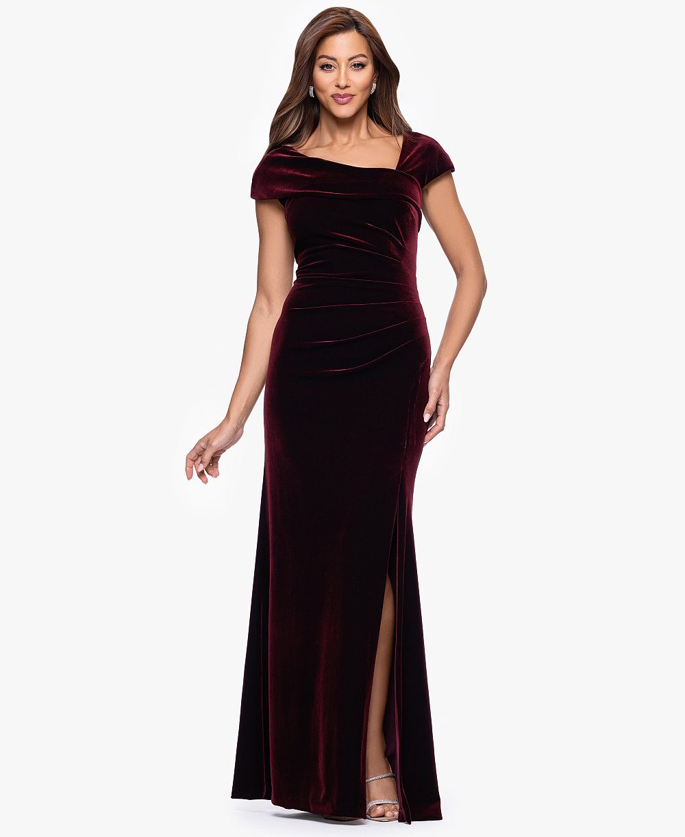 XSCAPE Petite Stretch Cap Sleeve Long Velvet Gown