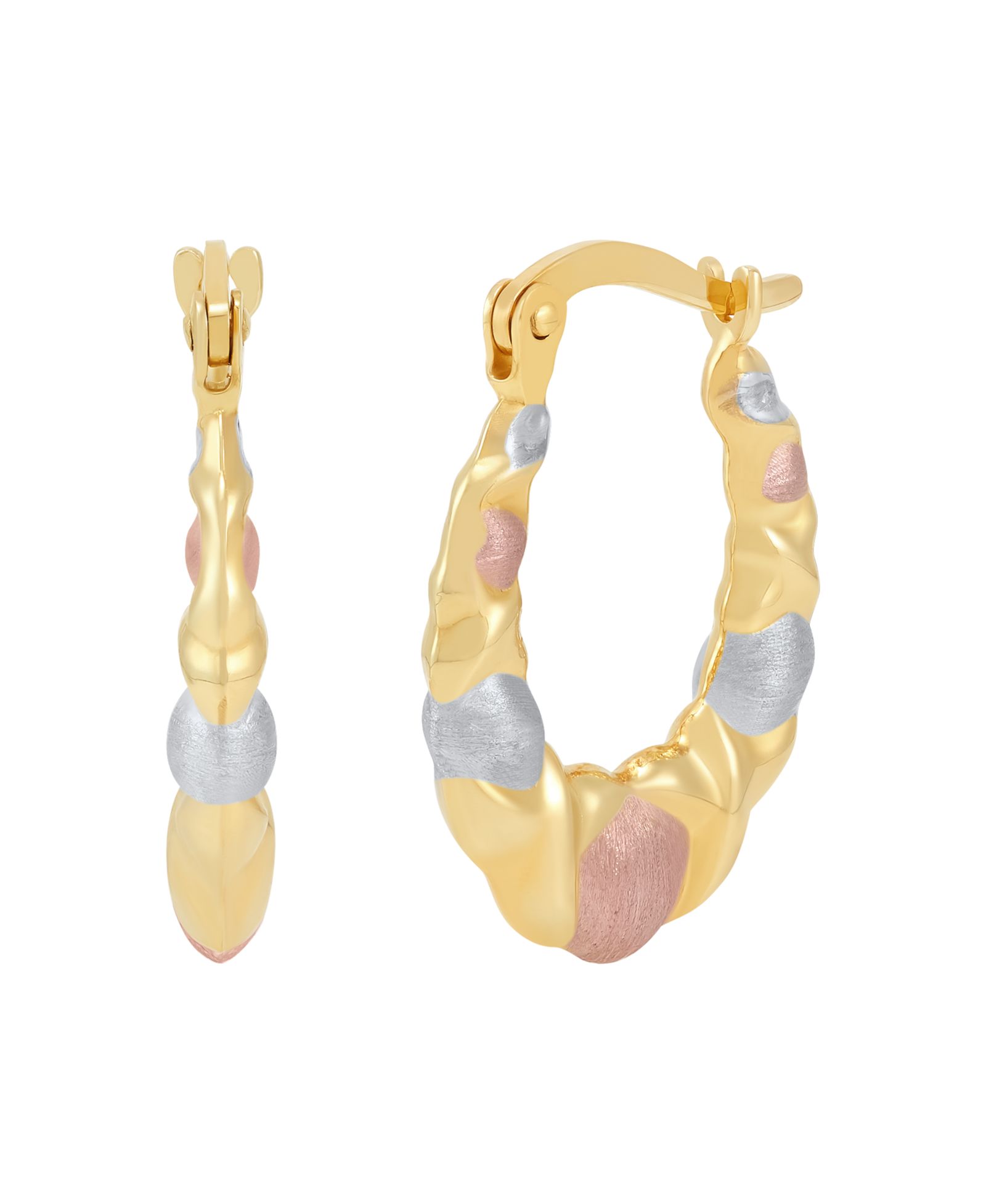 Macy's Satin Polished Triple Tone Graduated XOXO Oval Hoop Earrings in 10k Yellow Gold, Rose Gold and Rhodium