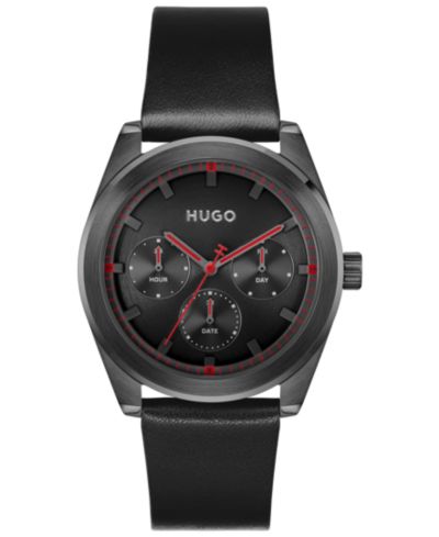 Мужские черные кожаные часы Hugo Boss Men's Bright Sport Quartz Multifunction 42mm