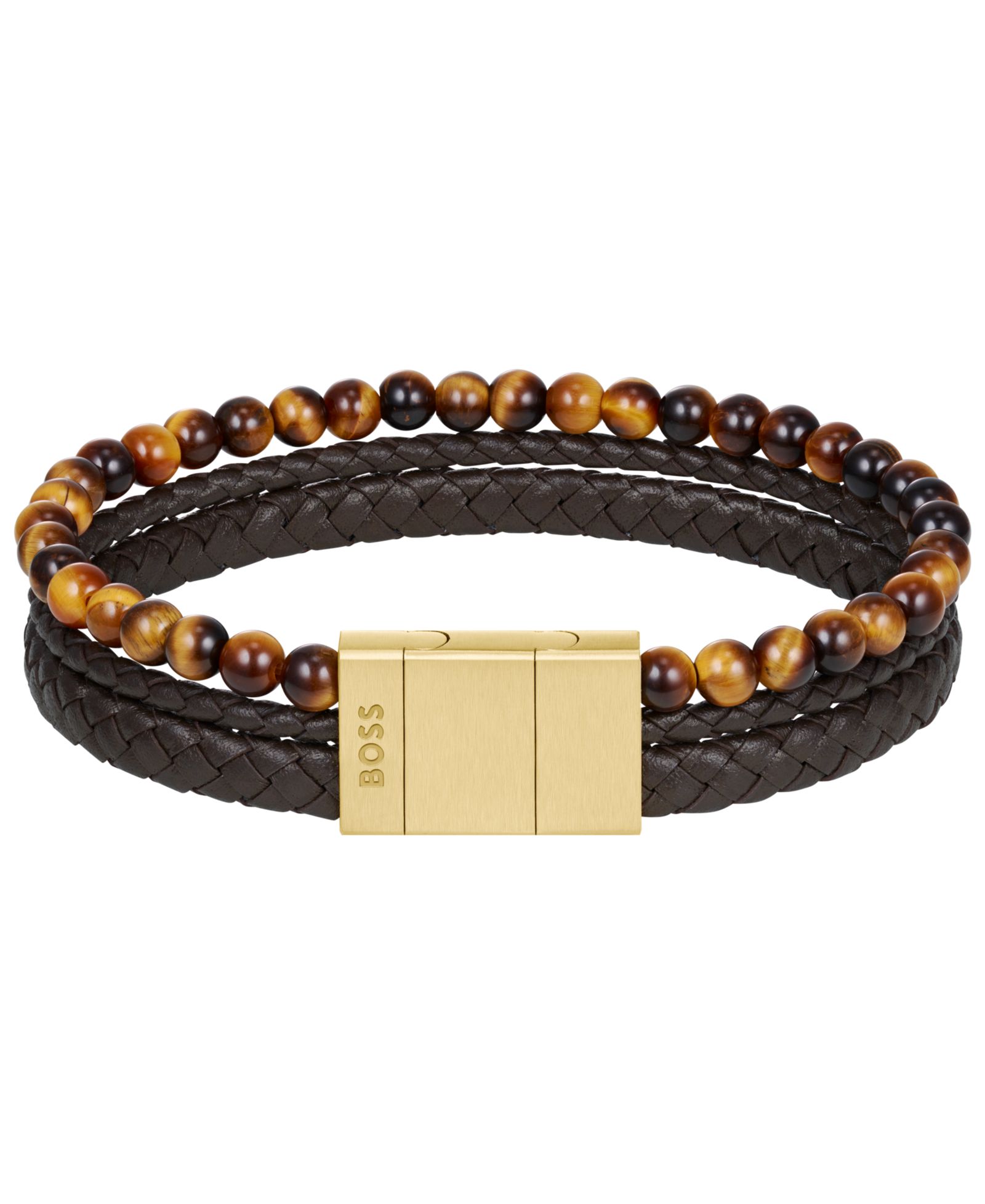 Hugo Boss Sphere Mixed Ionic Plated Brown Leather Yellow Tiger Bracelet