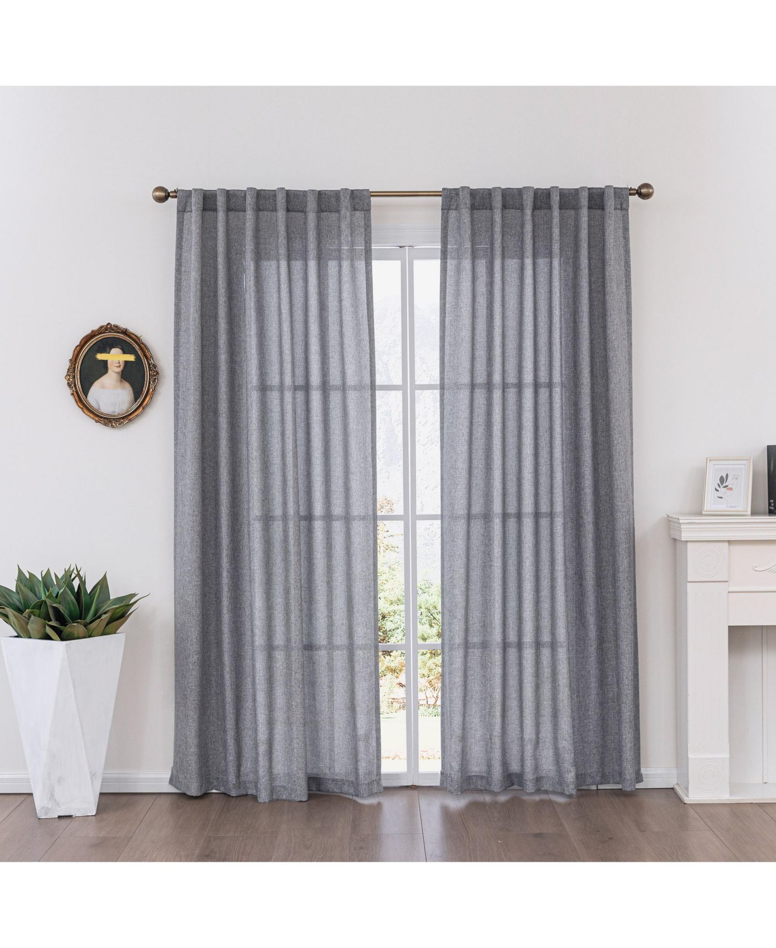 Faux Linen Texture Light Filtering Back Tab Curtains, Semi Sheer Farmhouse Window Curtains (2 Panels), 52"x108",Light grey
