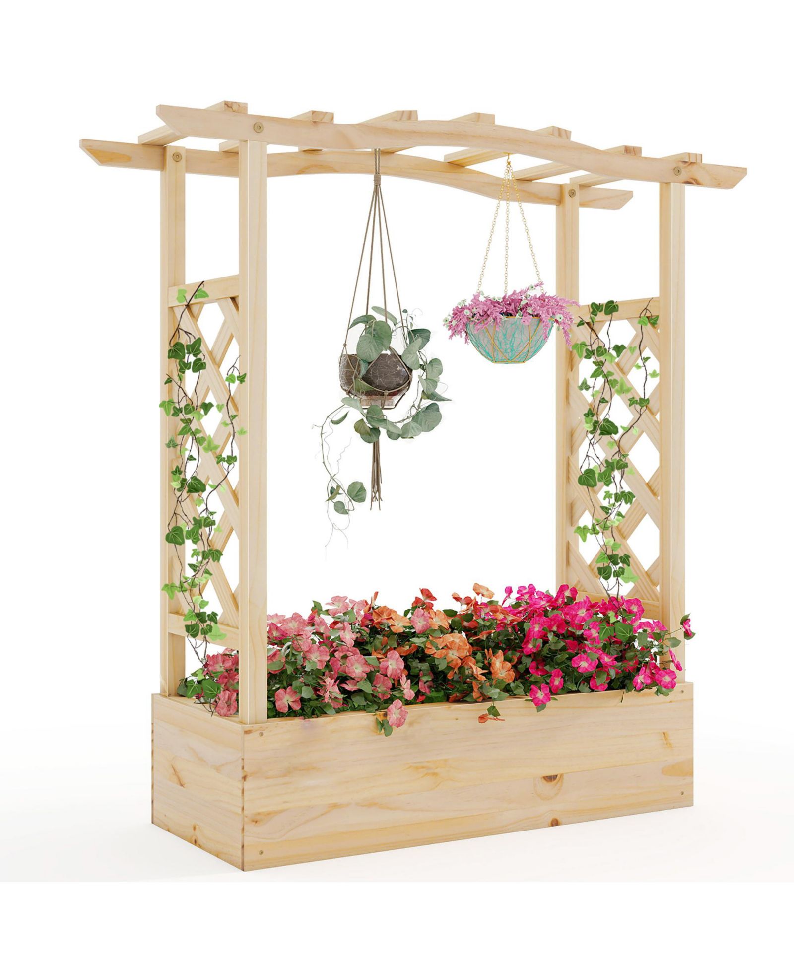 Gymax Wooden Raised Garden Bed w/ Trellis & Hanging Roof Planter Box Drainage System